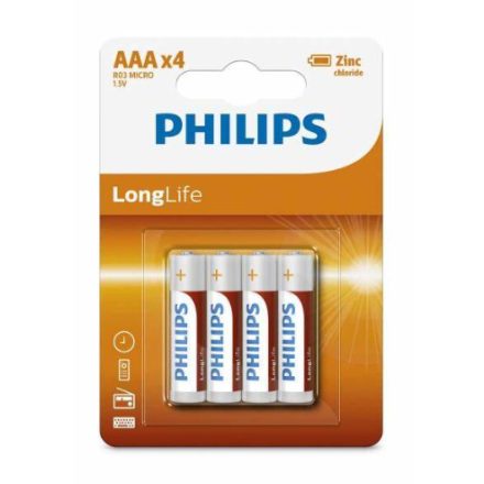 Philips LongLife R03L4B/10 AAA mikro cink-klorid elem LR03 4db/csomag