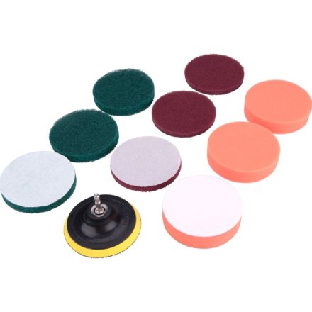 Dörzsölő/csiszoló/polírozó klt. 10 db; 1/4"×25 mm csap, fúrógépbe fogható, tépőzáras
