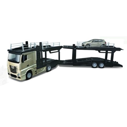 Bburago Mercedes-Benz Actros 2545 autószállító teherautó, pótkocsival - Volkswagen Polo V GTI személyautóval (18-31458) (1:43)