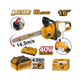   INGCO Akkus láncfűrész 400 mm szénkefe nélküli 2 x 20 V (2 x 4,0 Ah akku + töltő)