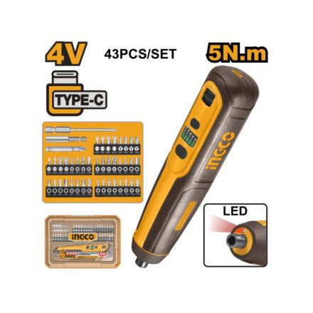 INGCO CSDLI04062 Akkus csavarozó 5 Nm 4 V + 43 részes bit (USB-C töltés)