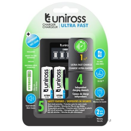 Uniross UCU005A LCD-s processzoros gyors töltő 4db 2700mAh AA akkumulátorral