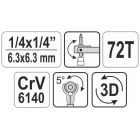 YATO YT03311 Racsnis hajtószár 1/4" 115 mm 72T, bit és dugókulcshoz CrV