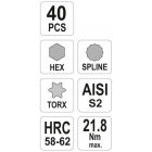 YATO YT0400 Torx és imbusz bit készlet 40 részes (1/2"-3/8" H4-H12, M5-M12, T20-T55)