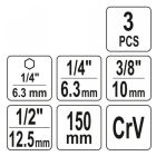 YATO YT04628 Dugókulcs adapter készlet 3 részes 1/4" Hex->1/4", 3/8", 1/2" négyszög 150 mm