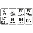 YATO YT04629 Dugókulcs adapter készlet 6 részes 1/4"->1/4", 3/8", 1/2" négyszög 50-150 mm