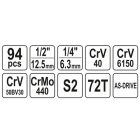 YATO YT12681 Dugókulcs készlet 94 részes 1/2": 10-32 mm, 1/4": 4-14 mm CrV