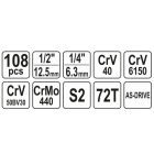 YATO YT38791 Dugókulcs készlet 108 részes 1/2": 10-32 mm, 1/4" 4-14 mm CrV