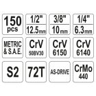 YATO YT38811 Dugókulcs készlet 150 részes 1/2": 20-32 mm, 1/4": 4-13 mm, 3/8": 9-19 mm CrV S2